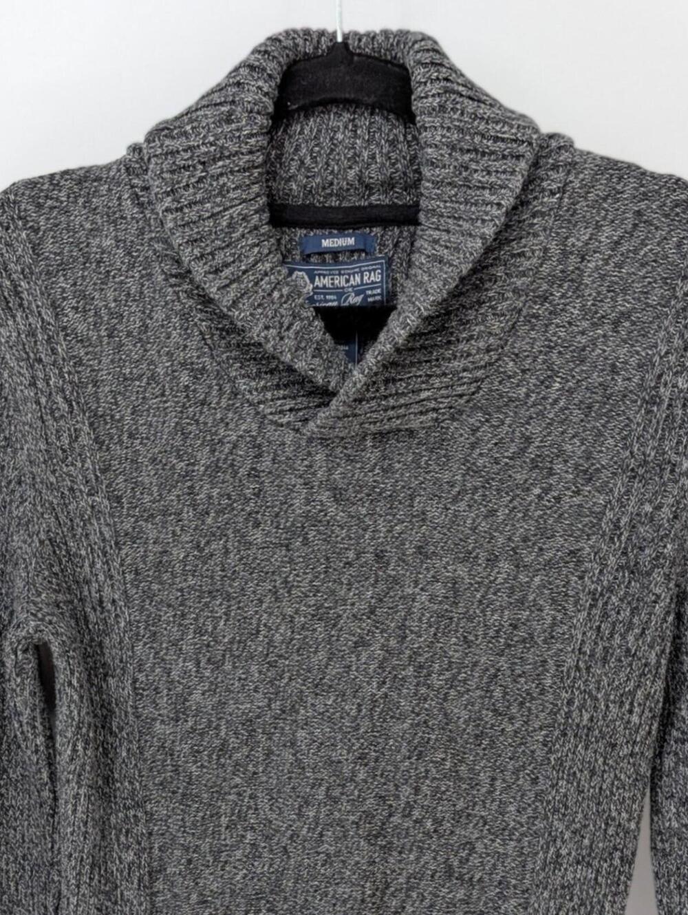 American Rag Medium Shawl Collar 100% Cotton Gray Heather Ribbed Sleeve Sweater - Picture 4 of 9